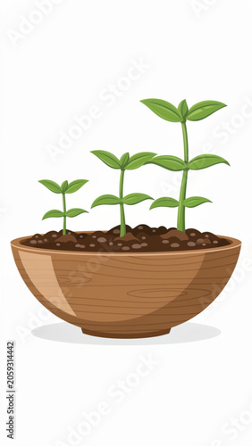 Growing Green Plants in Wooden Bowl with Dark Soil for Nature and Gardening Concepts