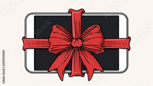 smartphone with a red ribbon bow wrapped around it symbolizing gift technology decorative display product presentation