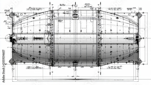 Technical blueprint of a large ship with detailed structural and design elements for engineering conception