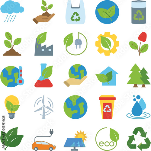Eco friendly green energy and environment flat icons set vector
