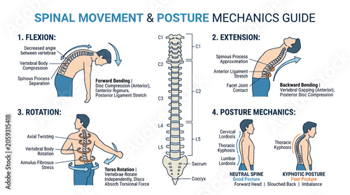 Schilderij op canvas Human spinal movement and posture mechanics medical infographic