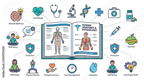 Foto Human anatomy and physiology textbook surrounded by health icons