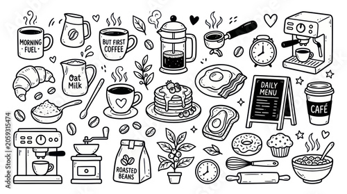 Foto Coffee and breakfast doodle icons with cafe elements and pastries