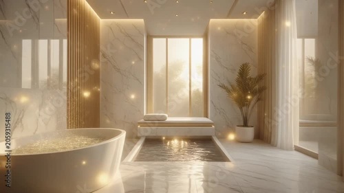 Elegant spa bathroom interior with glowing bathtub, warm candlelight, marble tiles, and golden sunlight streaming through the window.