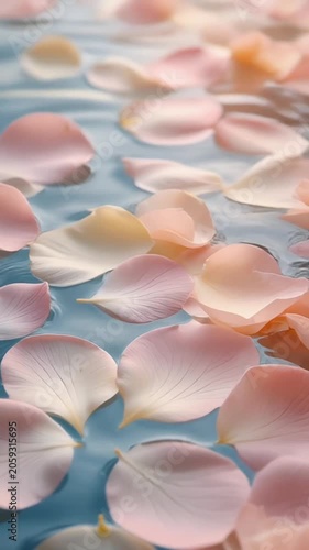 Pink flower petals floating on calm rippling water surface. Delicate pink petals floating on soft blue rippling water, creating a serene and peaceful atmosphere.
