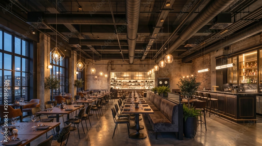 Fototapeta premium Modern luxury restaurant interior with industrial design. Dining room with tables, chairs and bar counter. Upscale bistro service space with ambient lighting for gourmet dining and evening atmosphere