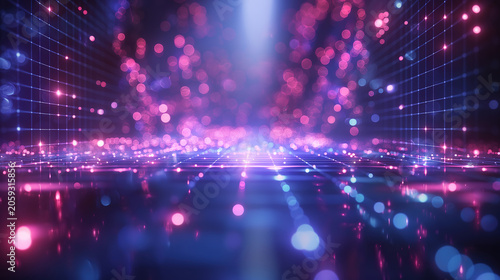 Cyan Blue and Purple Neon Grid Lines on Perspective Floor