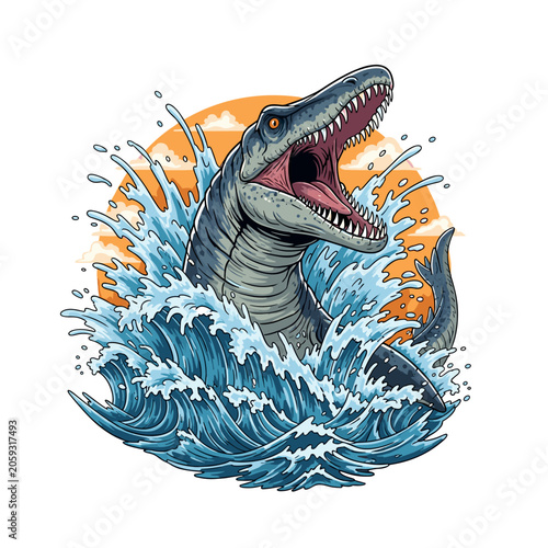 Bild auf Leinwand Mosasaurus dinosaur emerging from sea waves with sunset background aquatic preda