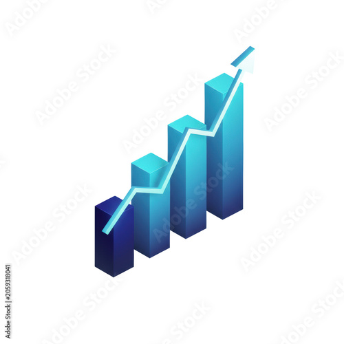 A minimalist 3d render of a bar chart with navy and cyan bars, an upward line graph, and a stylized arrow on a white background, showcasing data visualization and optimistic growth