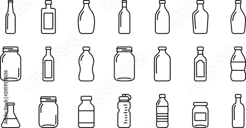 Konstfotografi Vector line icon set of various glass bottles, jars, and plastic containers including water bottles, mason jars, flasks, and condiment packaging isolated on white background