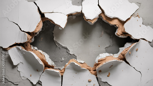 Shattered wall with a large hole revealing rough concrete and broken plaster