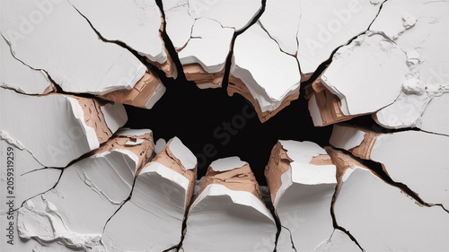 Shattered white wall with a deep black void and exposed earthy brown interior