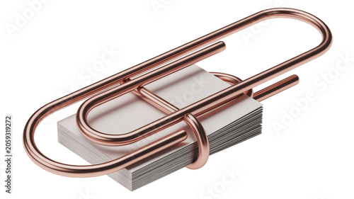 Shiny copper paperclip holding a small stack of white paper sheets