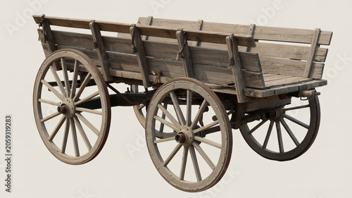 Side view of an old wooden cart with large spoked wheels and weathered planks
