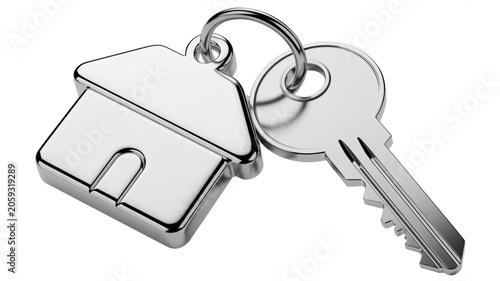 Silver house shaped keychain with a silver house key on a white background