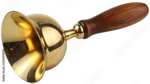 Shiny brass hand bell with a polished wooden handle on a white background
