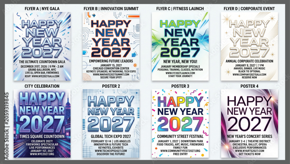 Naklejka premium Set of eight diverse happy new year 2027 event posters for gala innovation summit fitness launch corporate party city celebration global tech expo festival concert with celebration