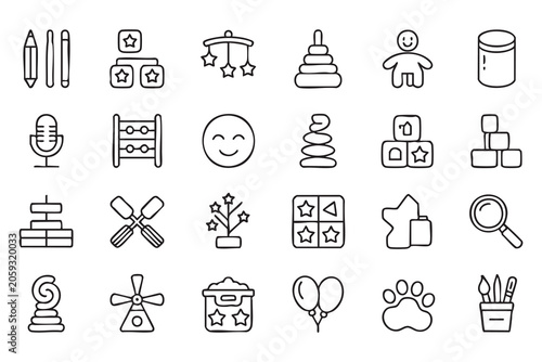 UI kids toy icons for preschool apps, childcare dashboards, nursery learning screens, playroom categories, and daycare activity menus