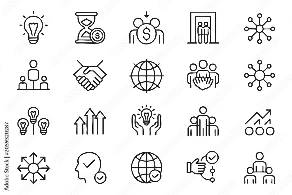 Fototapeta premium Web management icons with business hierarchy, innovation process, teamwork, decision paths, partnership deals, money planning, and global reach