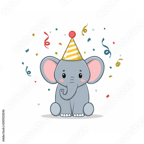Cute cartoon baby elephant wearing a party hat