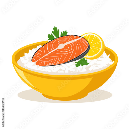Illustration of salmon on rice in a yellow bowl