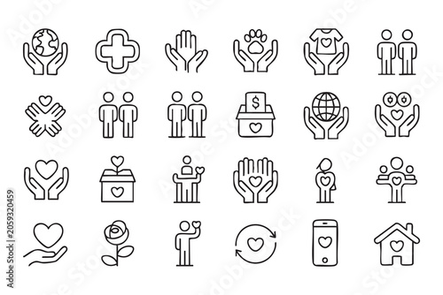 Charity donation line icons with nonprofit fundraising, volunteer support, humanitarian aid, family welfare, pet rescue, and community care