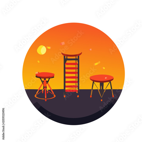 Red furniture set in flat design with sunset background