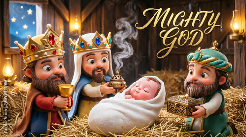 Wise Magi journey bearing gold frankincense and myrrh to worship newborn baby Jesus Christ.