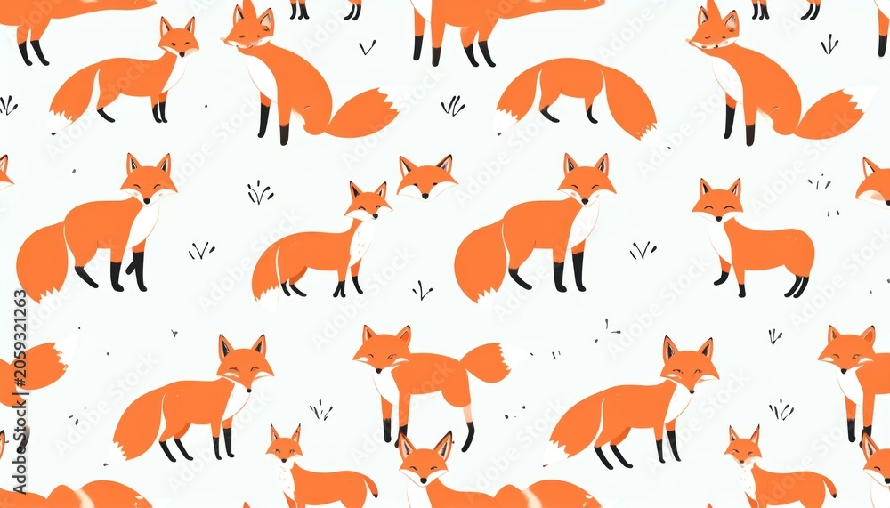 Seamless pattern with cute orange foxes on white background