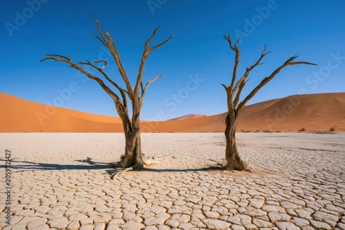 Camel thorn trees standing in cracked clay pan at deadvlei desert in wide angle for travel marketing