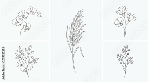 Foto Minimalist botanical line art collection, set of 5 elegant floral vector illustr