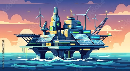 Futuristic Offshore Energy Platform at Sunset.