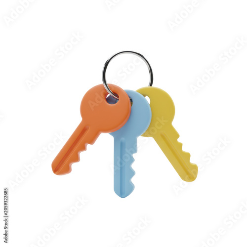 Three fanned orange, blue, and yellow chunky plastic keys on a silver metallic ring over a white surface with a playful home security concept