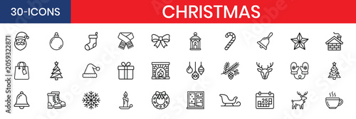 Christmas Thin Line Icon Set Christmas Tree Snowflake Santa Hat Gift Box Candy Cane