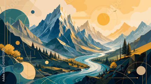 Fotografi Stylized geometric mountain landscape with a winding river, sun, and abstract shapes in a warm color palette
