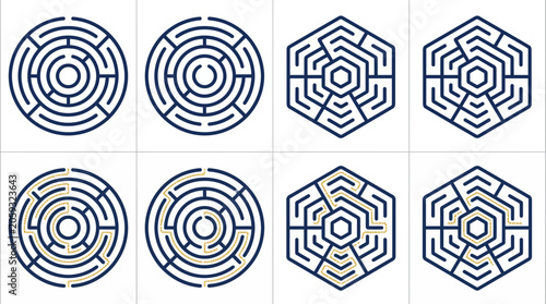 Collection of circular and hexagonal maze vectors with solved paths in gold dotted lines on white background, symbolizing problem solving strategy and business decision planning