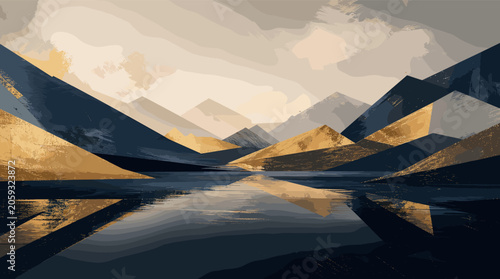 Fotografi Abstract geometric mountain landscape with a serene lake reflecting the golden and blue peaks under a cloudy sky