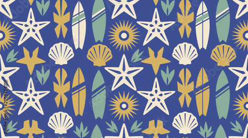 Seamless tropical pattern with surfboards, starfish, seashells and sun icons on blue background, representing summer fabric design and beach themed wallpaper decoration