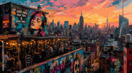 Foto Vibrant rooftop bar scene in New York City at sunset, featuring a large mural of a woman's face and the Manhattan skyline