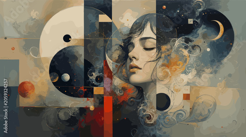 Photos Abstract portrait of a woman with eyes closed, surrounded by cosmic and geometric elements, evoking a sense of introspection and dreamlike wonder