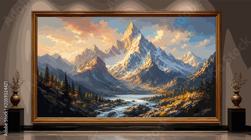 Photos Majestic snow-capped mountains bathed in the warm glow of a setting sun, with a serene lake reflecting the dramatic sky and rugged peaks