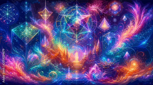 Obraz na plátne A vibrant, cosmic explosion of sacred geometry, nebulae, and crystalline structures, evoking a sense of spiritual awakening and universal connection