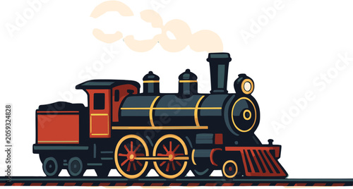 Tableau sur toile Vintage steam locomotive with red accents, emitting smoke, on a railway track, symbolizing historical transportation