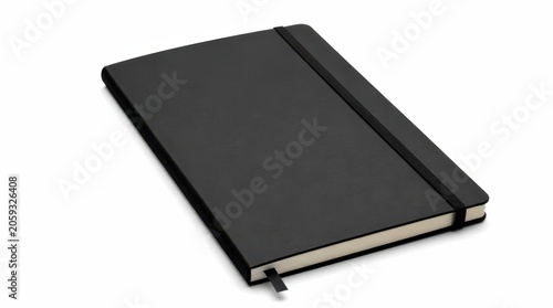 A closed black hardcover notebook with a black elastic band and a ribbon bookmark is presented at an angle, showcasing its premium textured cover and crisp page edges on a bright, unbound