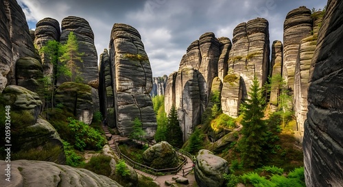 Towering sandstone rock formations in a lush forest landscape with dramatic sky