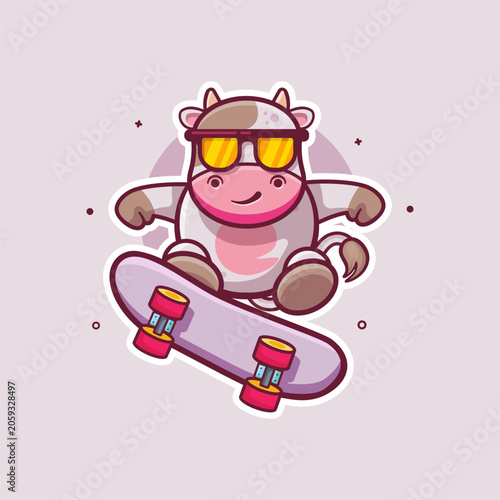 smiling cow animal character mascot playing skateboard isolated cartoon