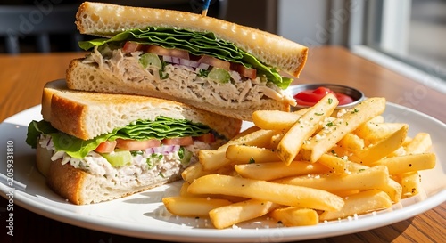 Tuna salad sandwich with french fries on a wooden table