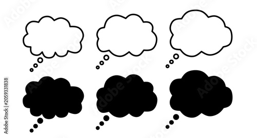 Set of Black and White Thought Bubble Icons with Empty Speech Clouds for Concepts