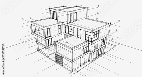 Architectural Perspective Drawing Featuring a Modern Multilevel Residential Building Structure with Precise Construction Lines