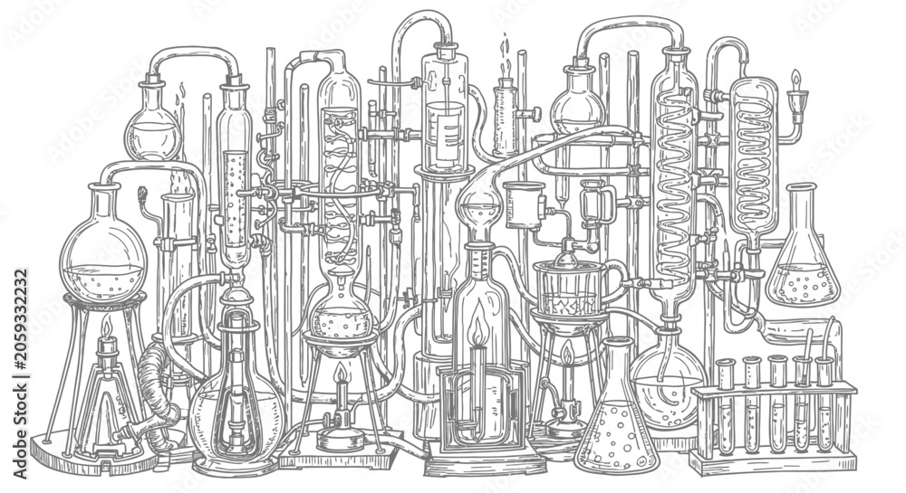 Obraz premium Complex Laboratory Glassware Apparatus for Scientific Research and Chemical Distillation Process Line Art Illustration
